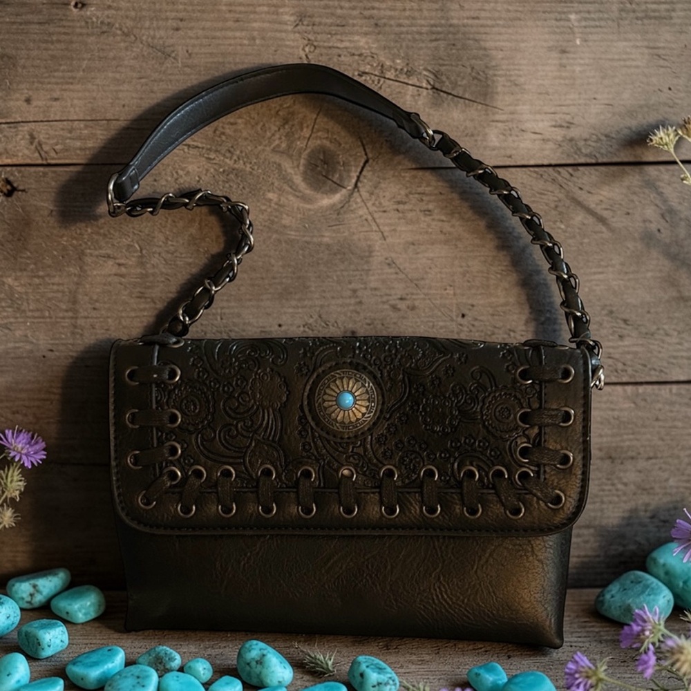 Sam & Hadley Black Turquoise Concho Accent Handbag with Intricate Design